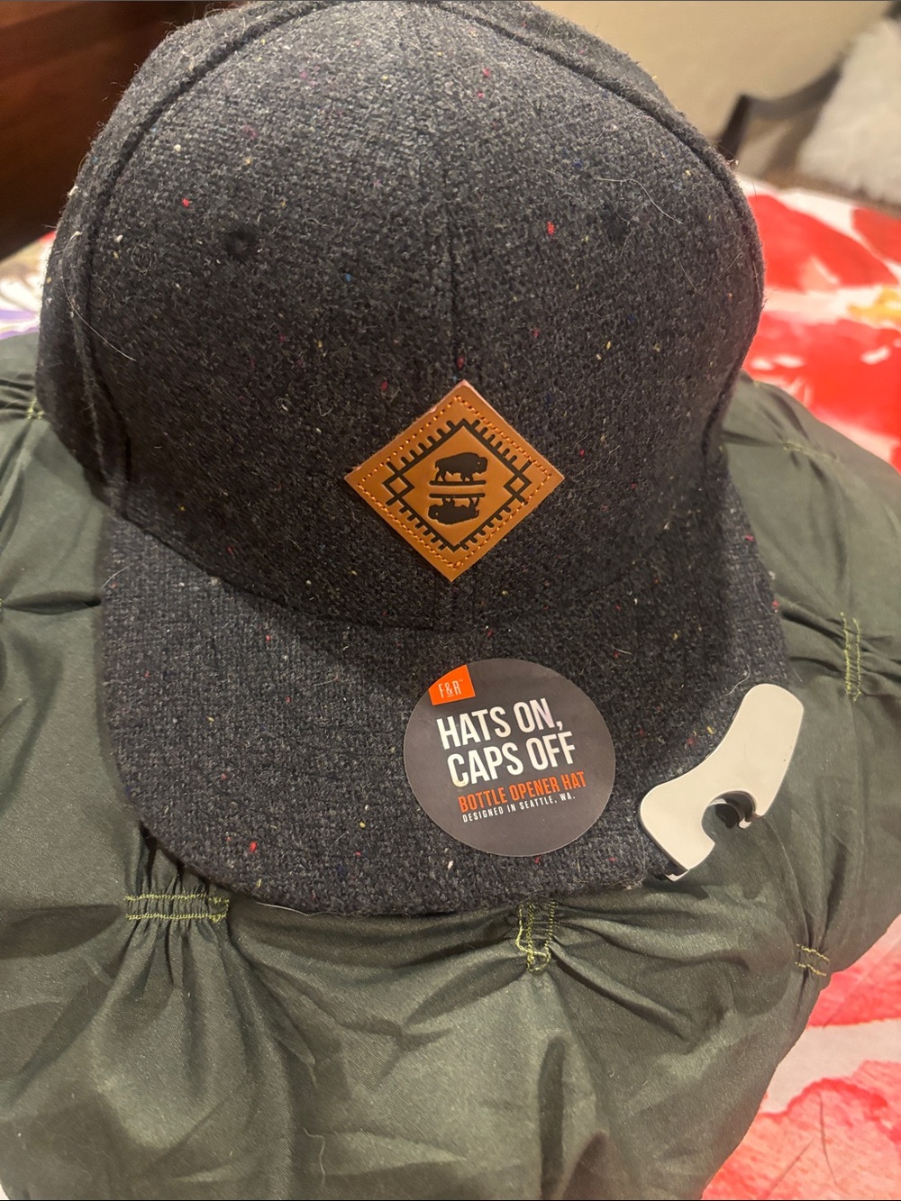 Men's Charcoal Speckled Wool Blend Bottle Opener Cap. Great gift!